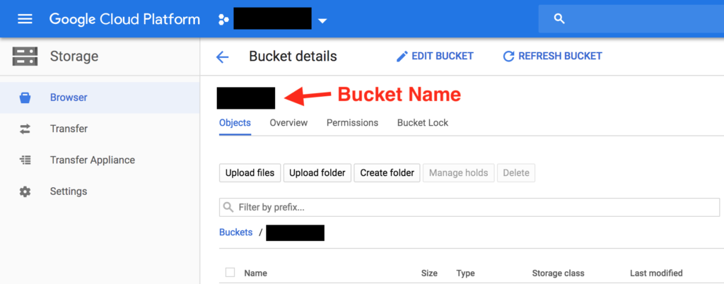 Screenshot of the Google Cloud Platform Storage Browser 