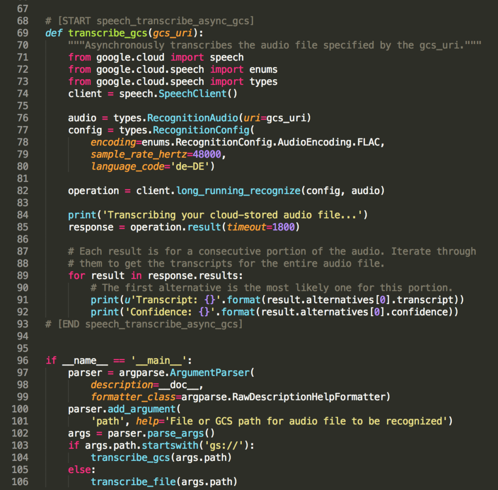 Script that runs the Google Cloud Speech API and takes a file from the Google Cloud Storage 